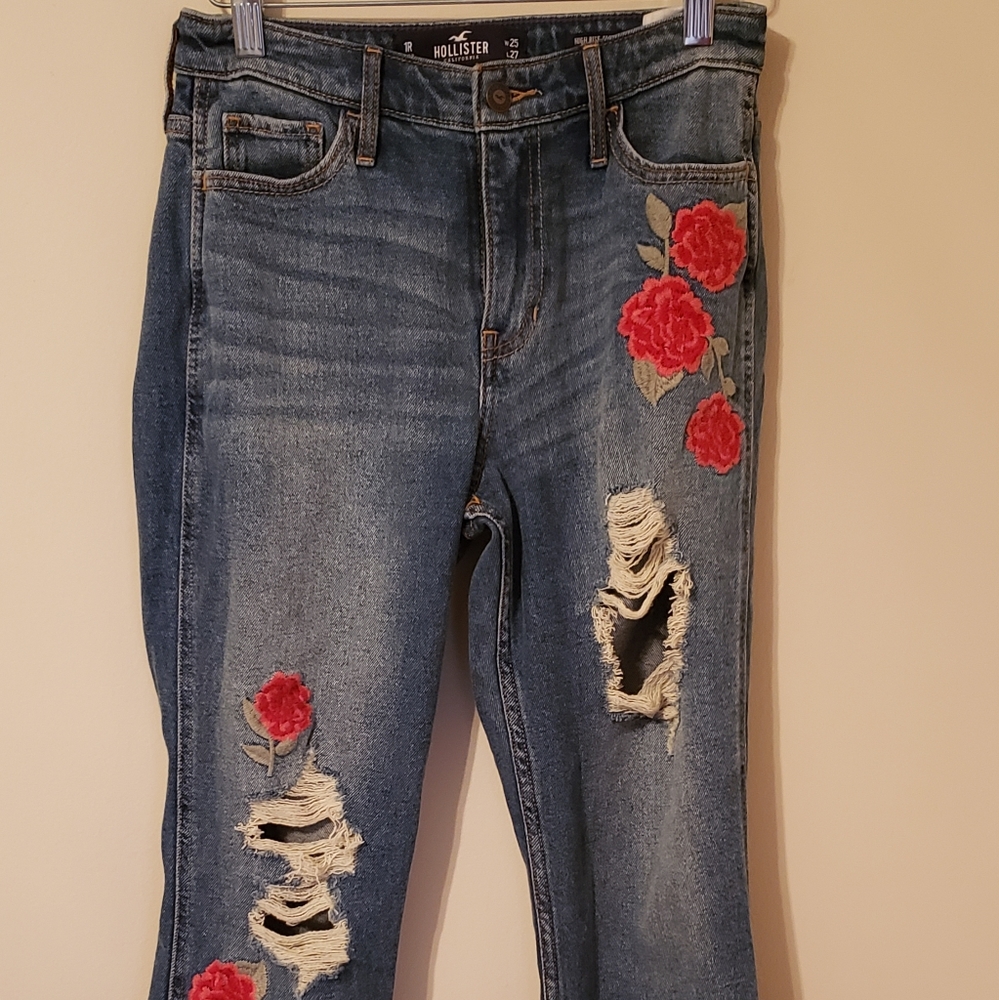 Hollister Floral Embroidered Distressed High Rise Slim Straight Jeans 1R